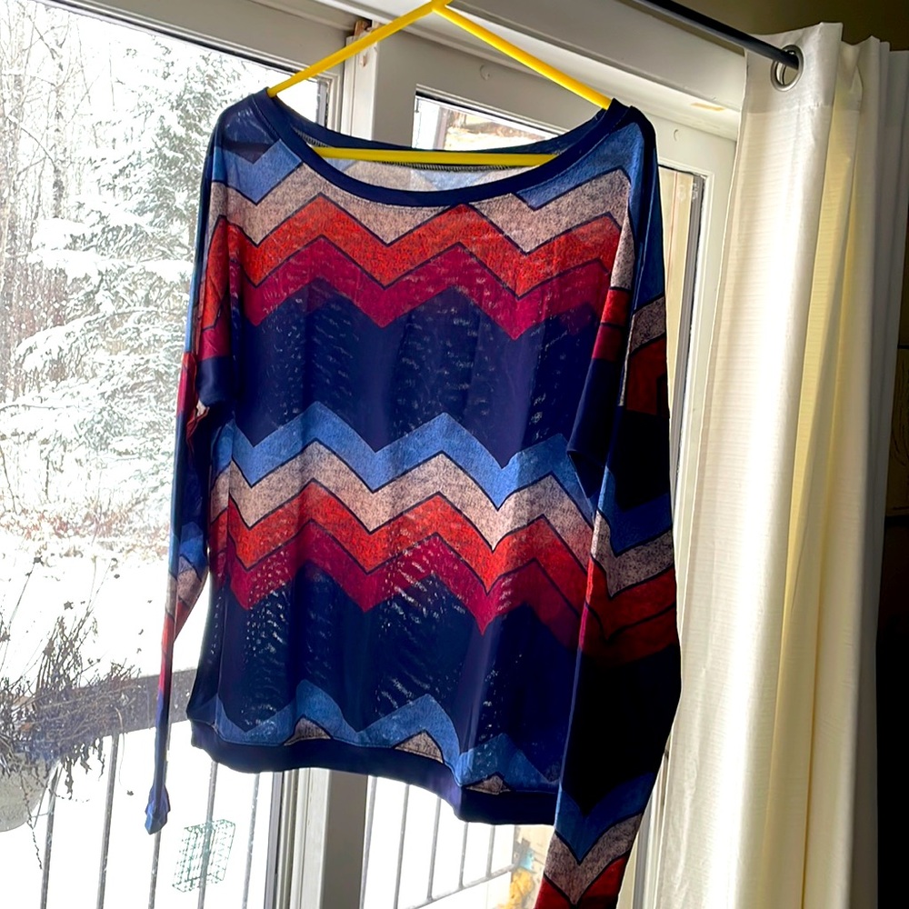 Chevron stripe silky feel top with wide neck